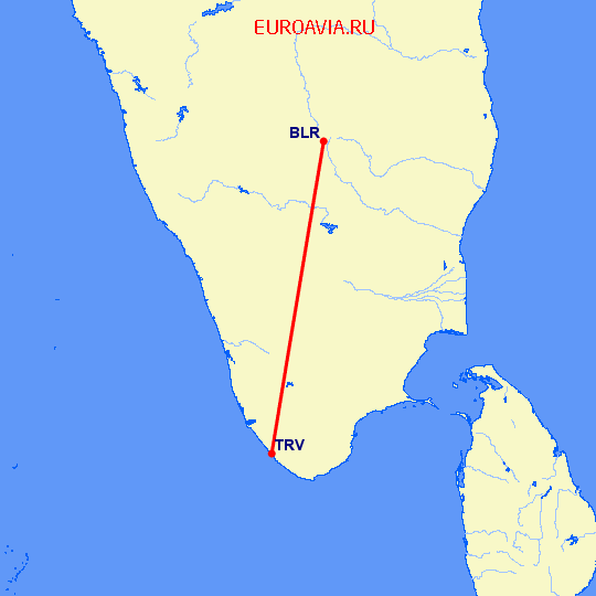 перелет Бангалор — Тривандрум на карте