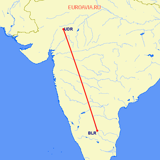 перелет Бангалор — Удайпур на карте