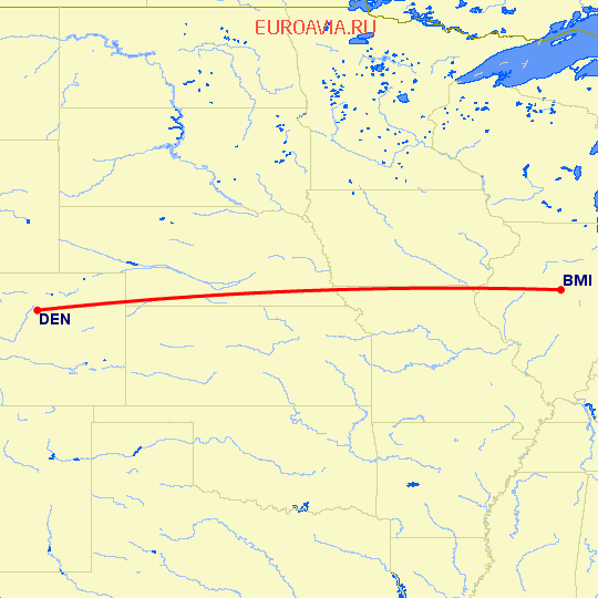 перелет Bloomington-Normal — Денвер на карте