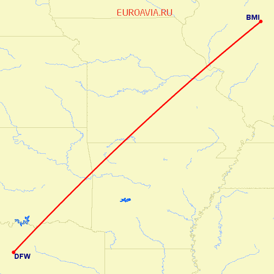 перелет Bloomington-Normal — Даллас на карте