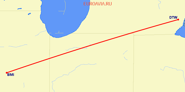 перелет Bloomington-Normal — Детройт на карте