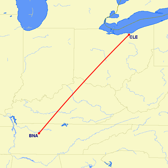 перелет Нашвилл — Кливленд на карте