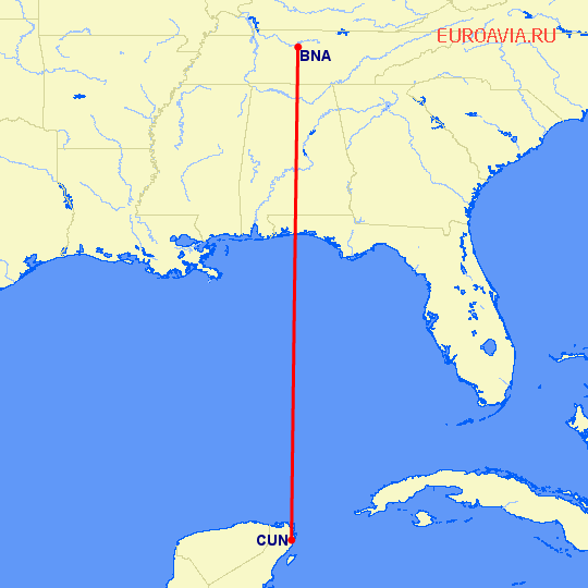 перелет Нашвилл — Канкун на карте
