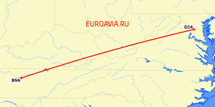 перелет Нашвилл — Вашингтон на карте