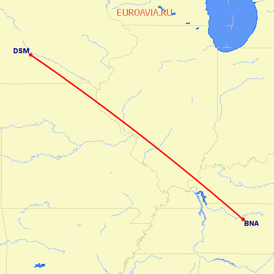 перелет Нашвилл — Des Moines на карте