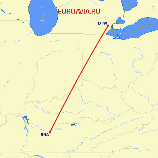 перелет Нашвилл — Детройт на карте