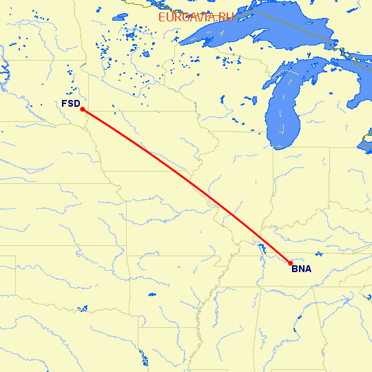 перелет Нашвилл — Sioux Falls на карте