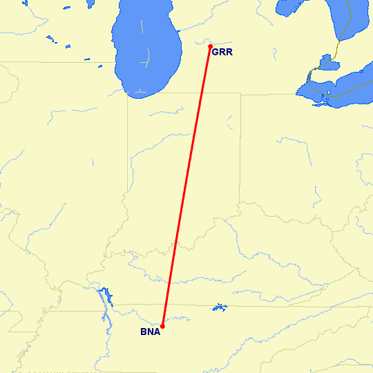 перелет Нашвилл — Гранд Рапидс на карте