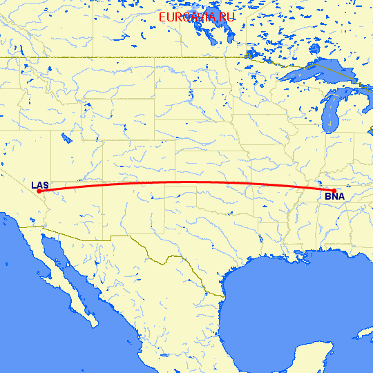 перелет Нашвилл — Лас Вегас на карте