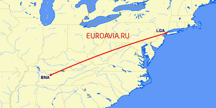перелет Нашвилл — Нью Йорк на карте