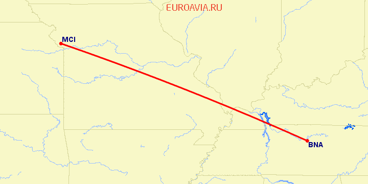 перелет Нашвилл — Канзас Сити на карте