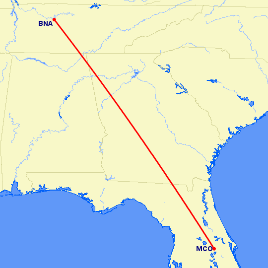перелет Нашвилл — Орландо на карте