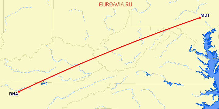 перелет Нашвилл — Харрисбург на карте