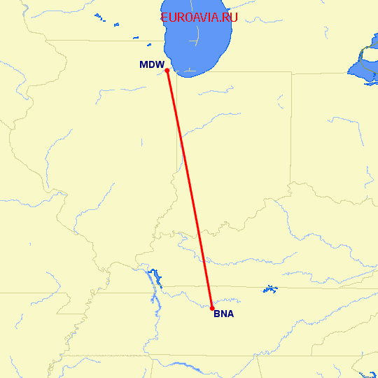 перелет Нашвилл — Чикаго на карте