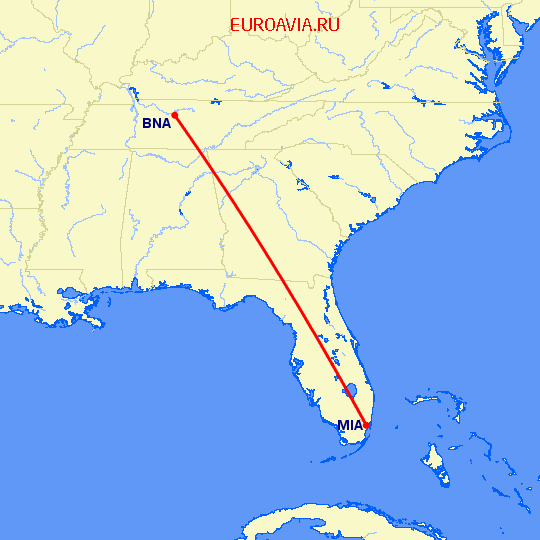 перелет Нашвилл — Майами на карте