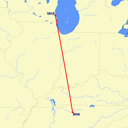 перелет Нашвилл — Милуоки на карте