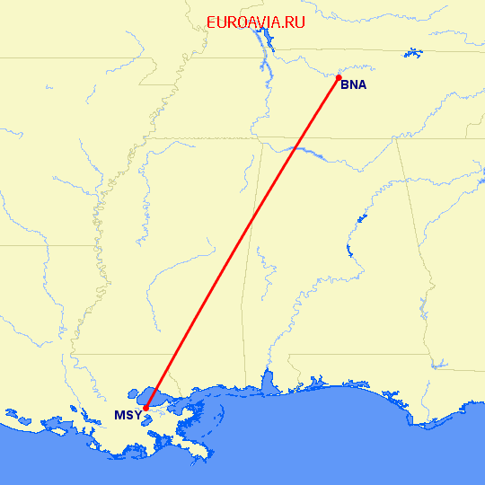 перелет Нашвилл — Новый Орлеан на карте
