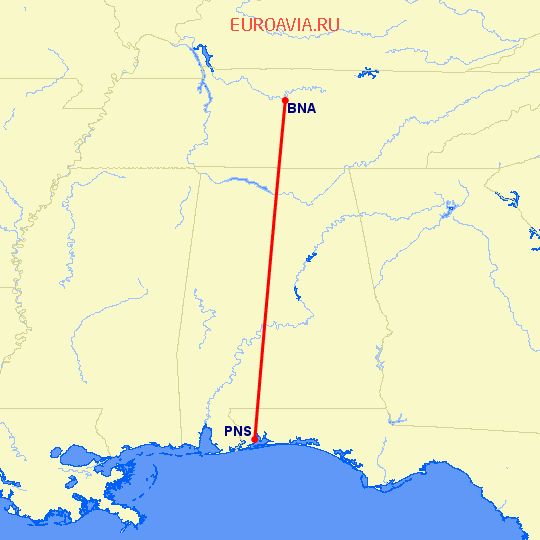 перелет Нашвилл — Pensacola на карте