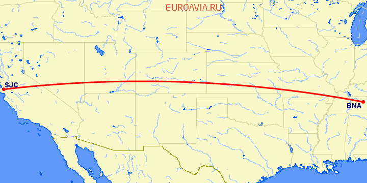 перелет Нашвилл — Сан Хосе на карте