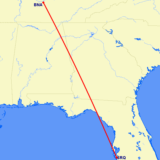 перелет Нашвилл — Сарасота на карте