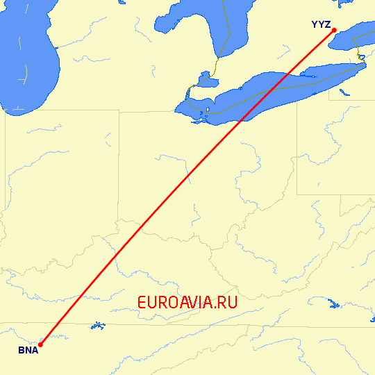 перелет Нашвилл — Торонто на карте