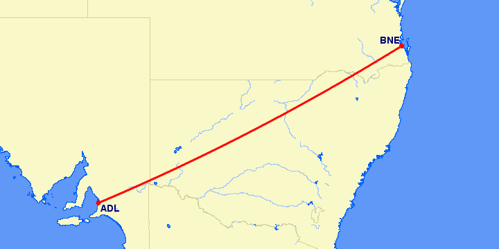 перелет Брисбен — Аделаида на карте