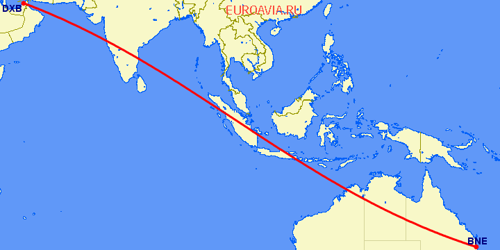 перелет Брисбен — Дубай на карте