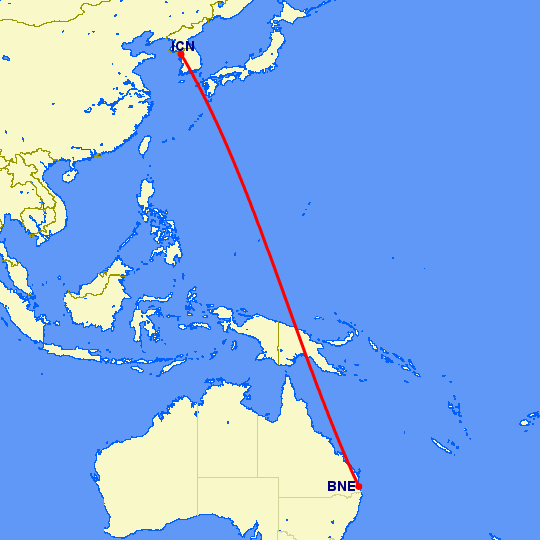 перелет Брисбен — Сеул на карте