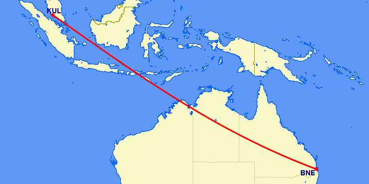 перелет Брисбен — Куала Лумпур на карте