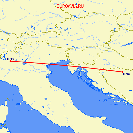 перелет Баня Лука — Бергамо на карте