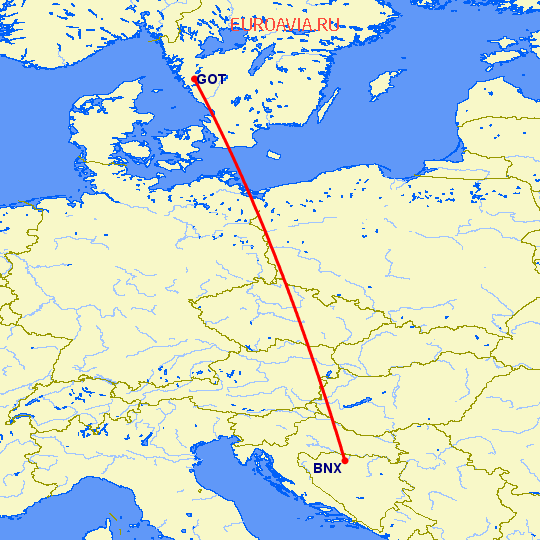 перелет Баня Лука — Гетеборг на карте