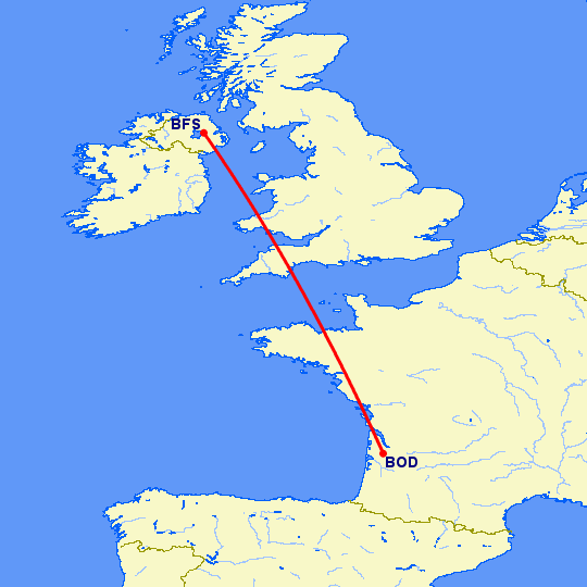 перелет Бордо — Белфаст на карте
