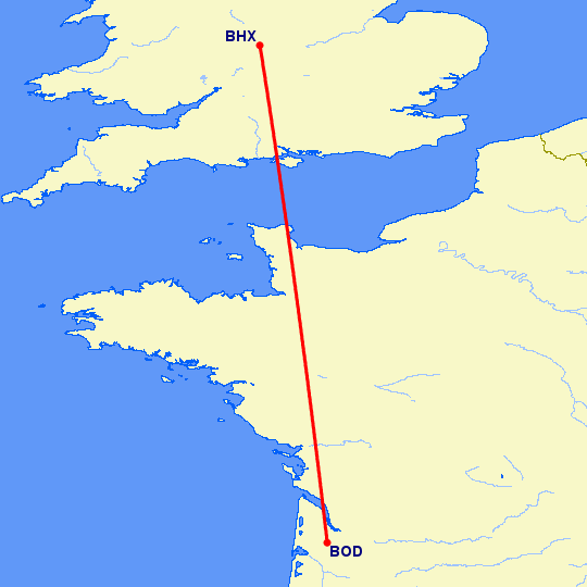 перелет Бордо — Бирмингем на карте