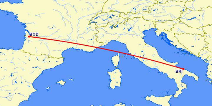перелет Бордо — Бари на карте