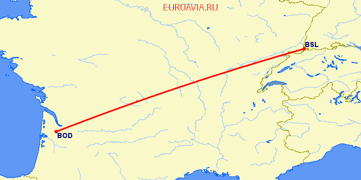 перелет Бордо — Базель-Мюлуз на карте