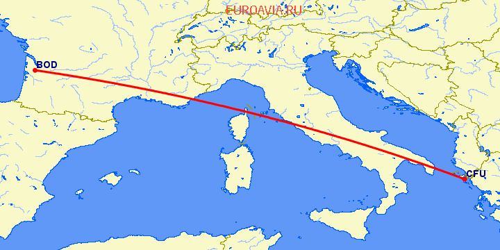 перелет Бордо — Керкира на карте