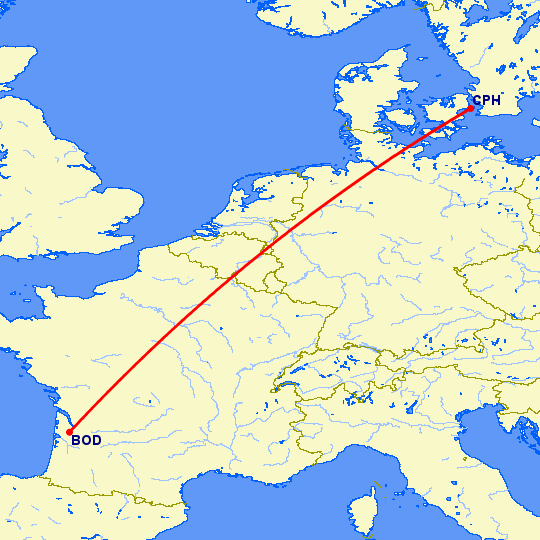 перелет Бордо — Копенгаген на карте