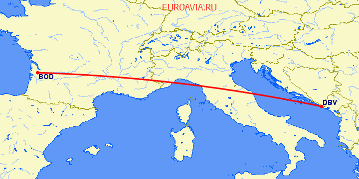 перелет Бордо — Дубровник на карте