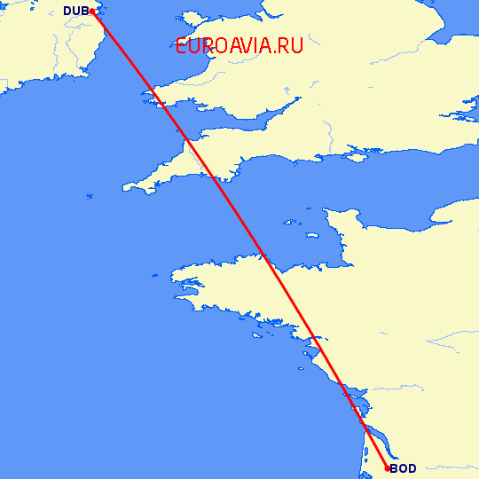 перелет Бордо — Дублин на карте