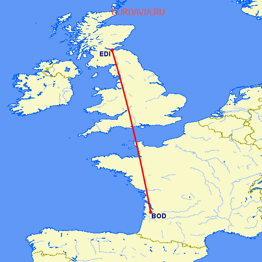 перелет Бордо — Эдинбург на карте