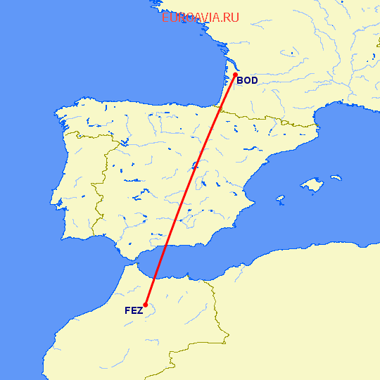 перелет Бордо — Фес на карте
