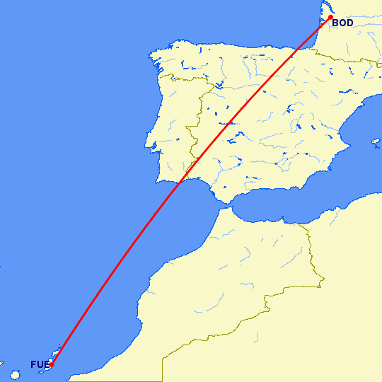 перелет Бордо — Пуэрто дель Росарио на карте