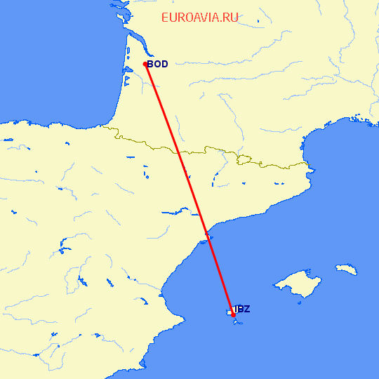 перелет Бордо — Ибица на карте