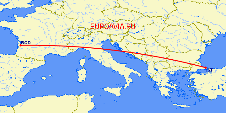перелет Бордо — Стамбул на карте