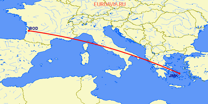 перелет Бордо — Миконос на карте