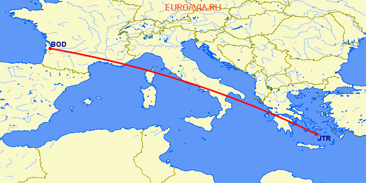 перелет Бордо — Санторини на карте