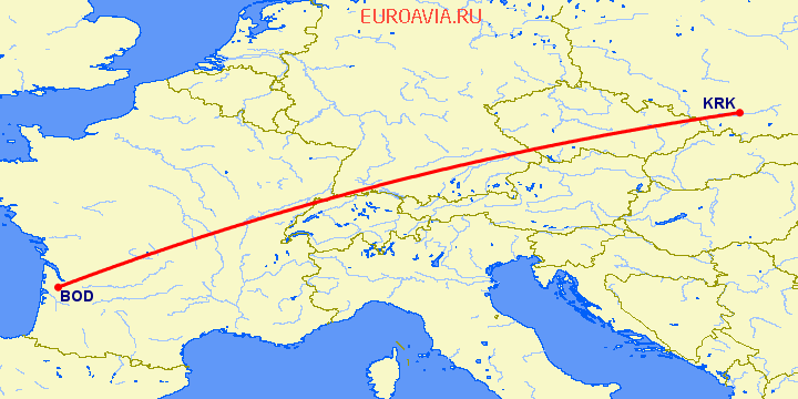 перелет Бордо — Краков на карте