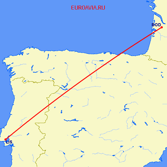 перелет Бордо — Лиссабон на карте