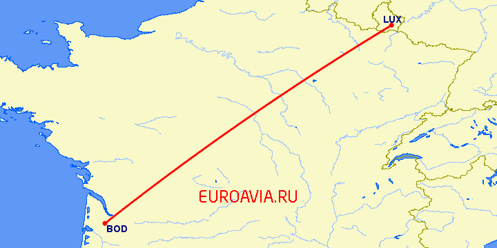перелет Бордо — Люксембург на карте