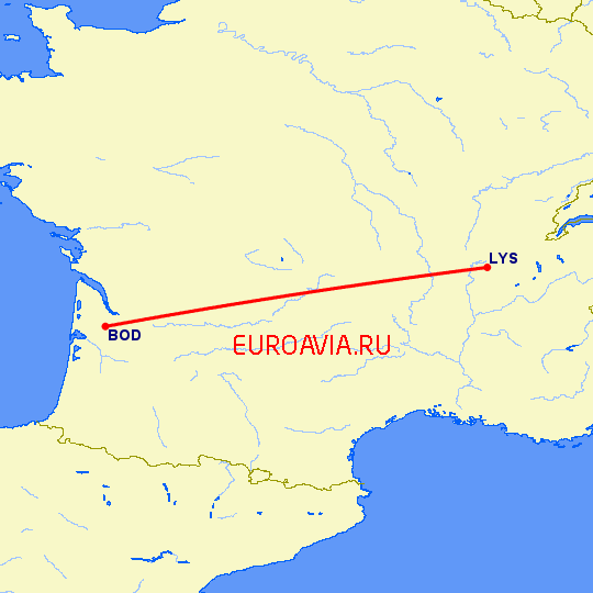 перелет Бордо — Лион на карте